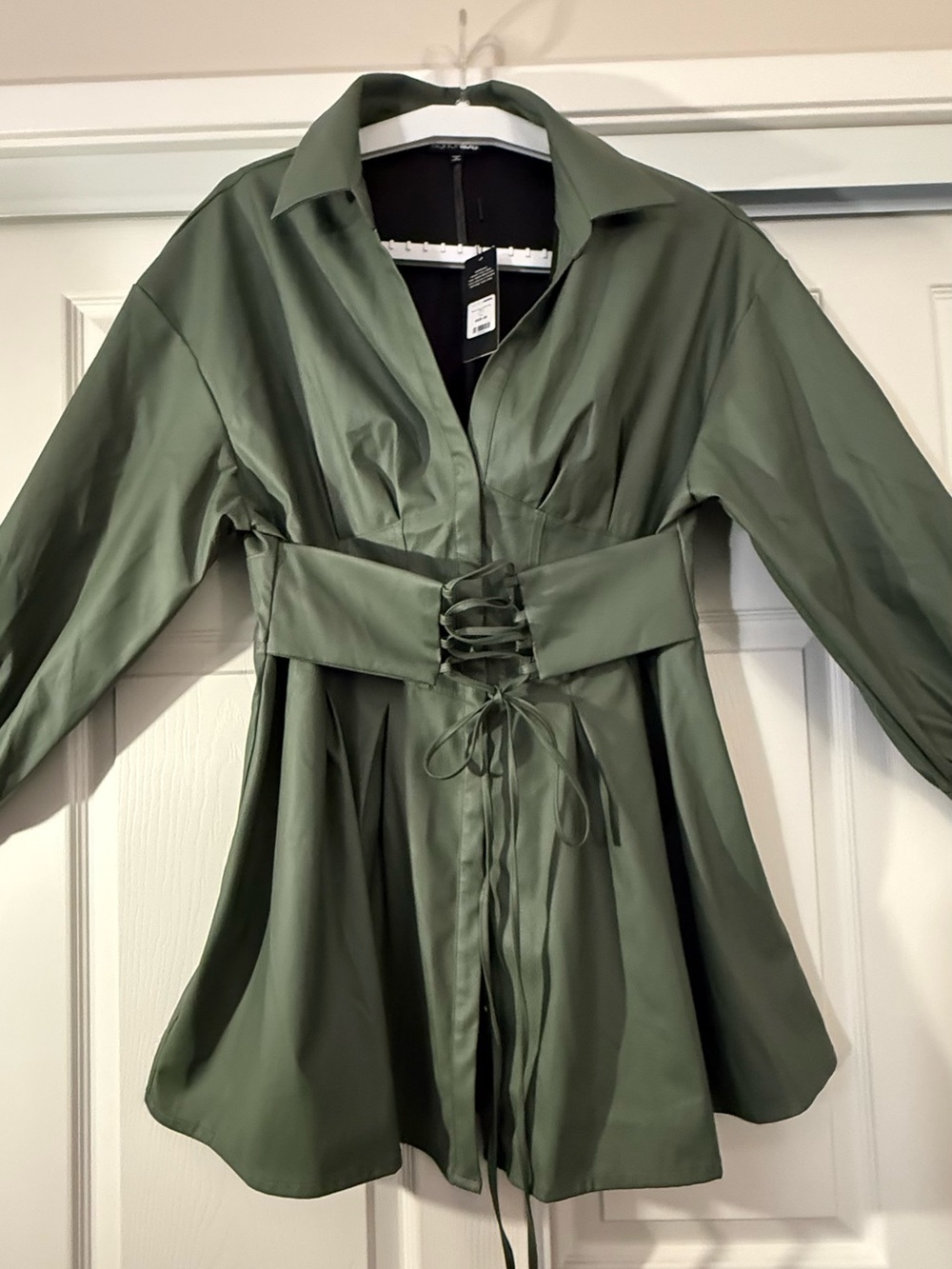 Plus Size Olive Green Faux Leather Lace-Up Waist Trench Shirt